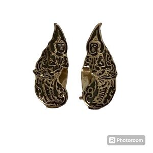 VINTAGE SIAM THAI EARRINGS CLIP STERLING SILVER HINDU GODDESS BLACK ENAMEL